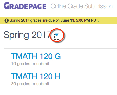 User interface of GradePage, with blue triangle highlighted by red circle. 