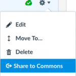 Canvas interface with Settings icon and dropdown menu with Share to Commons menu item highlighted