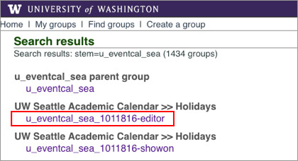 UW groups interface showing an editor group ID
