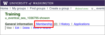 UW Groups interface with Membership link highlighted