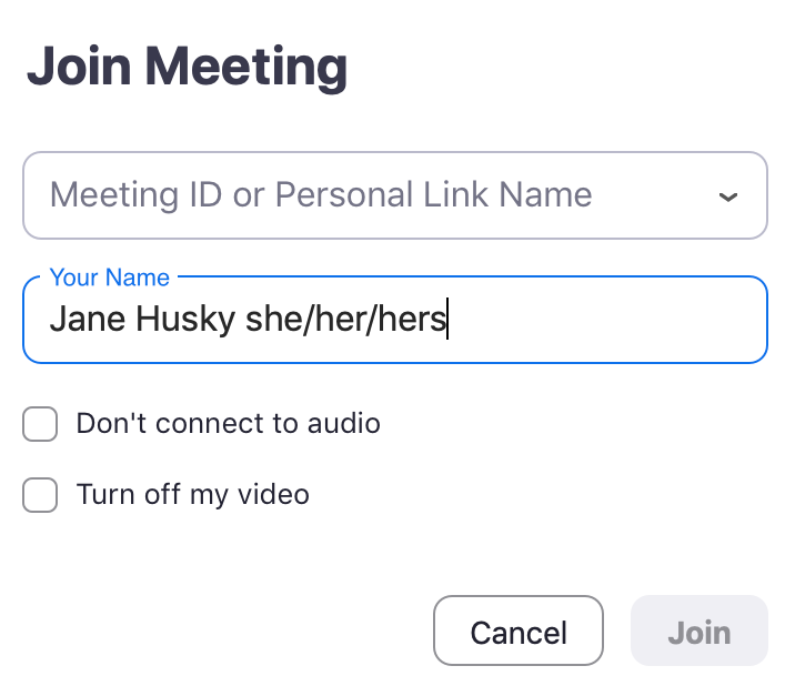 Join Meeting interface with sample text entered in the Your Name field
