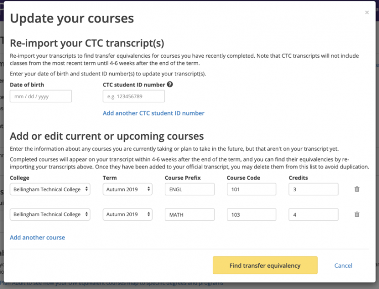 Screenshot of pop-up modal where you can update your report either by re-importing transcripts or adding courses