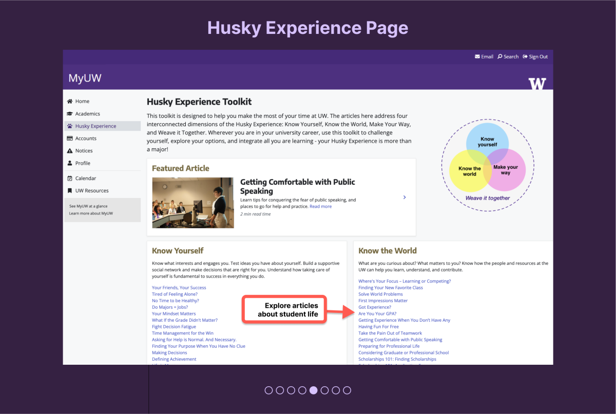 Husky Experience home page with list of articles