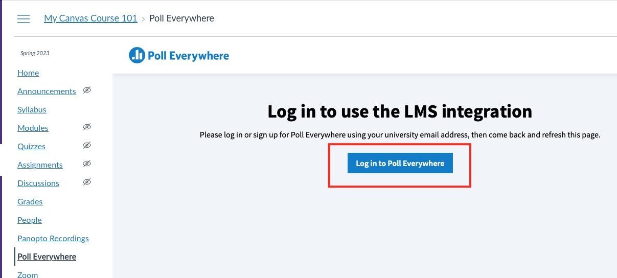 Poll Everywhere tool in Canvas with the "log in to Poll Everywhere" button highlighted.